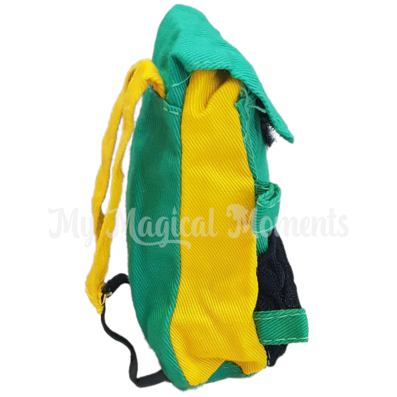 Miniature elf backpack. Green bag with yellow sides and mesh front pocket side view