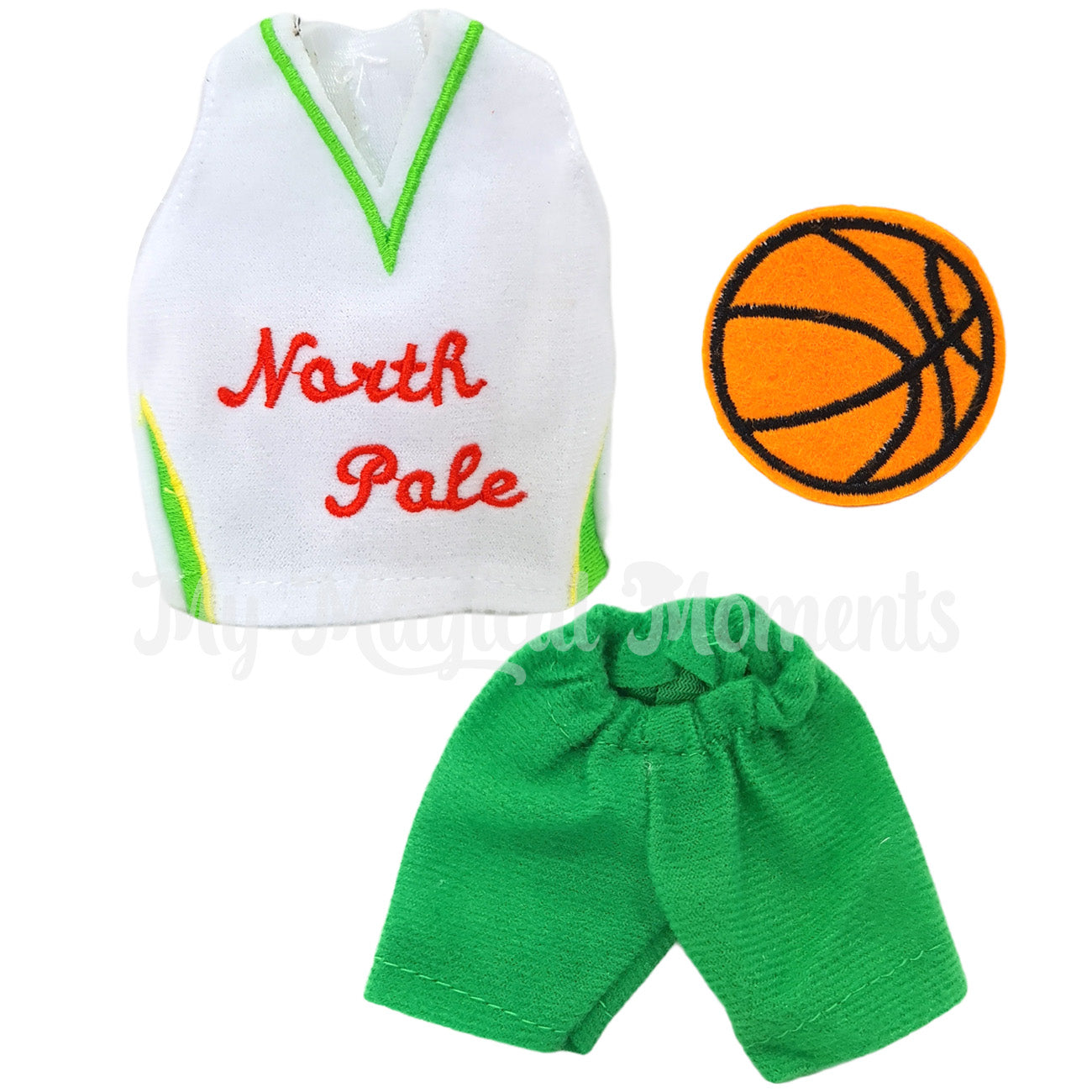 Elf basketball costume, jersey, shorts and felt basketball