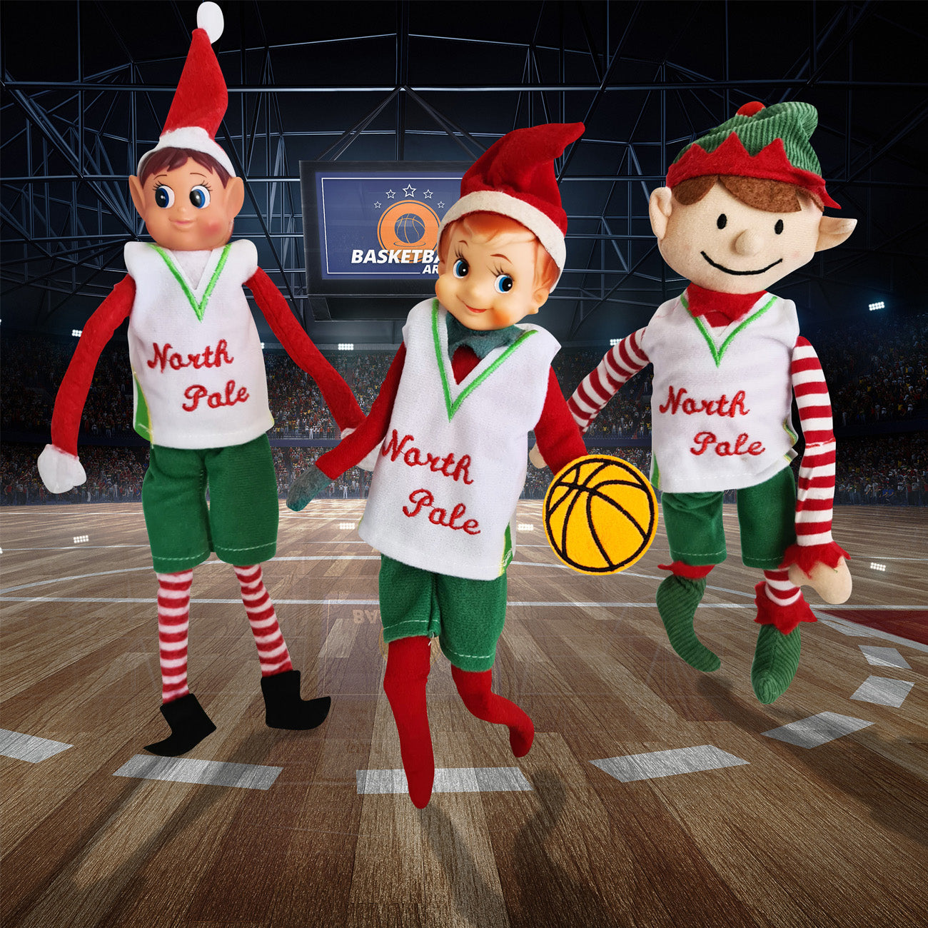 Elves dressed in basketball uniforms playing a game with a miniature basketball