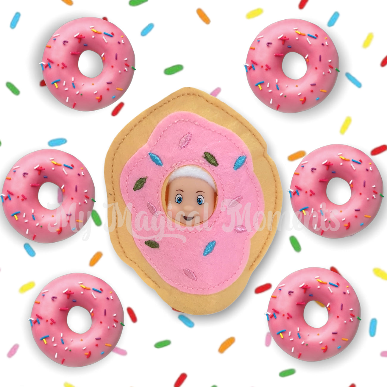 Baby elf wearing a donut costume surrounded by donuts