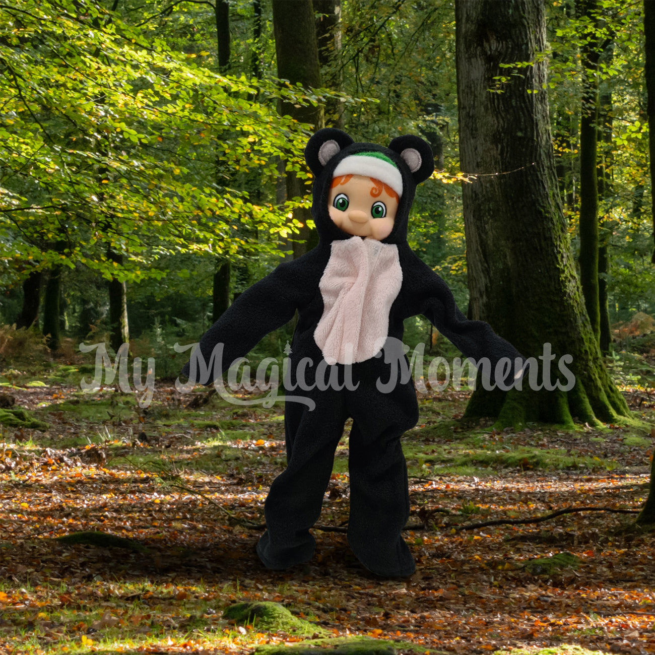 elf dressed as a bear in the woods
