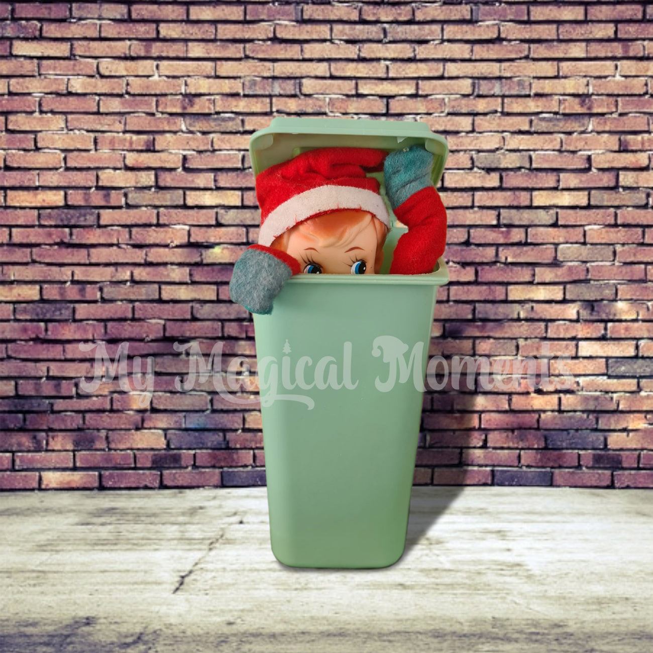elf peering out of a bin