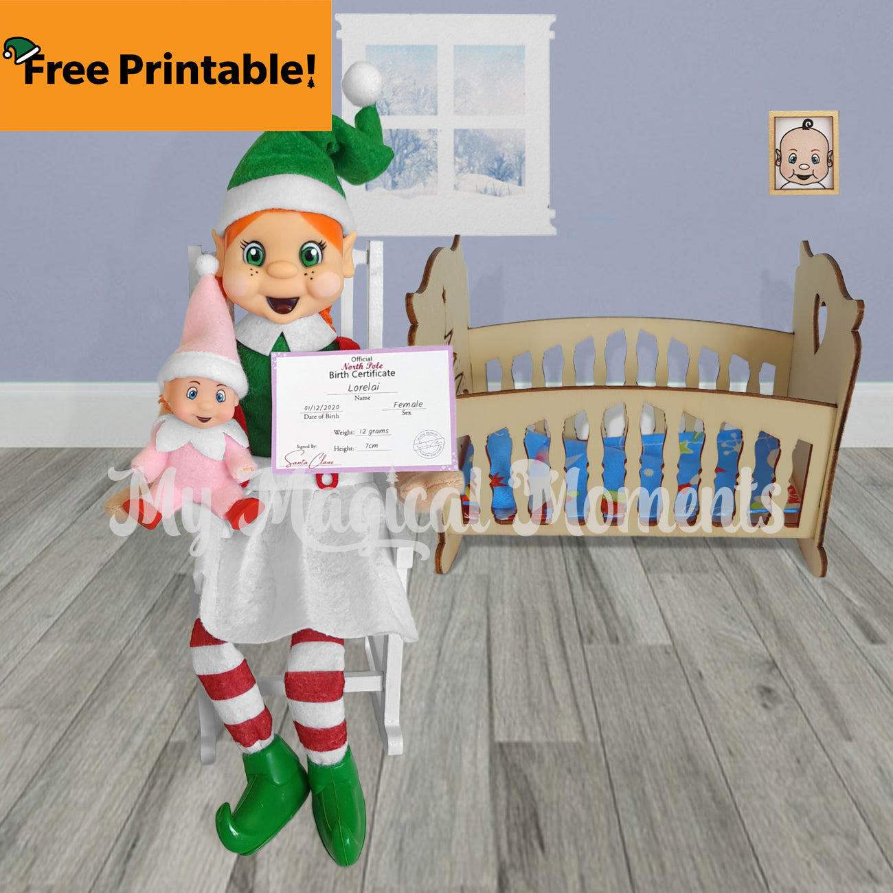 Pink baby elf birth printable in nursery