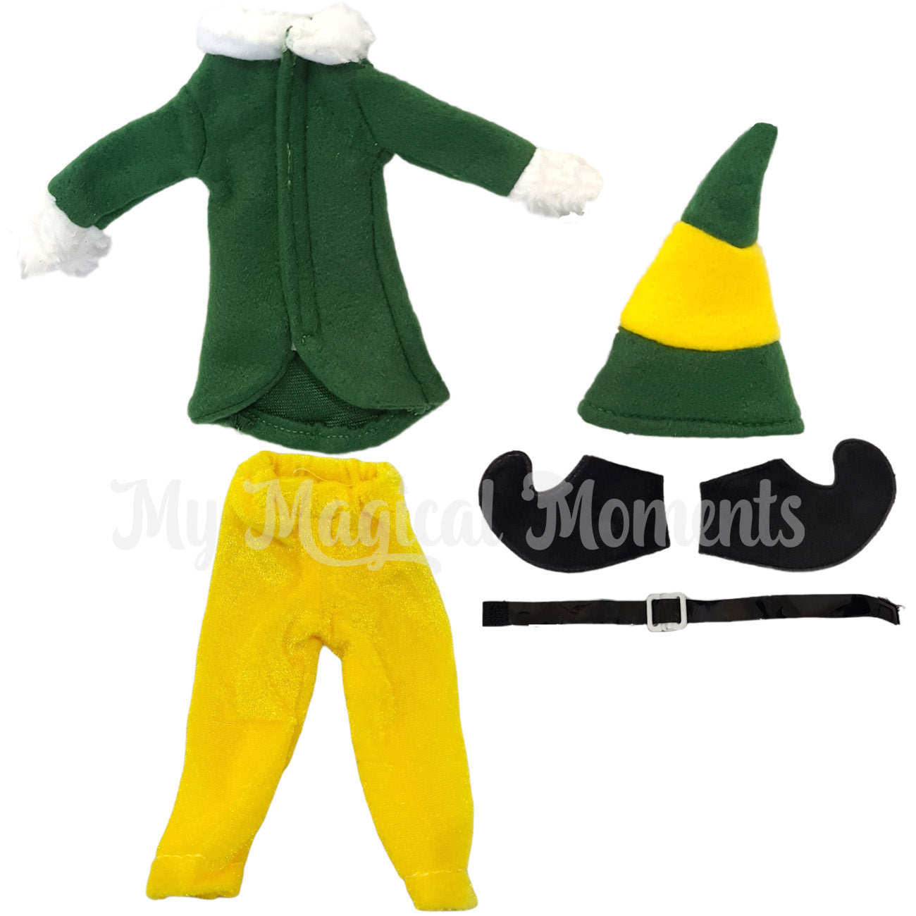 Buddy elf costume with green coat, black shoes, yellow pants, elf hat and belt