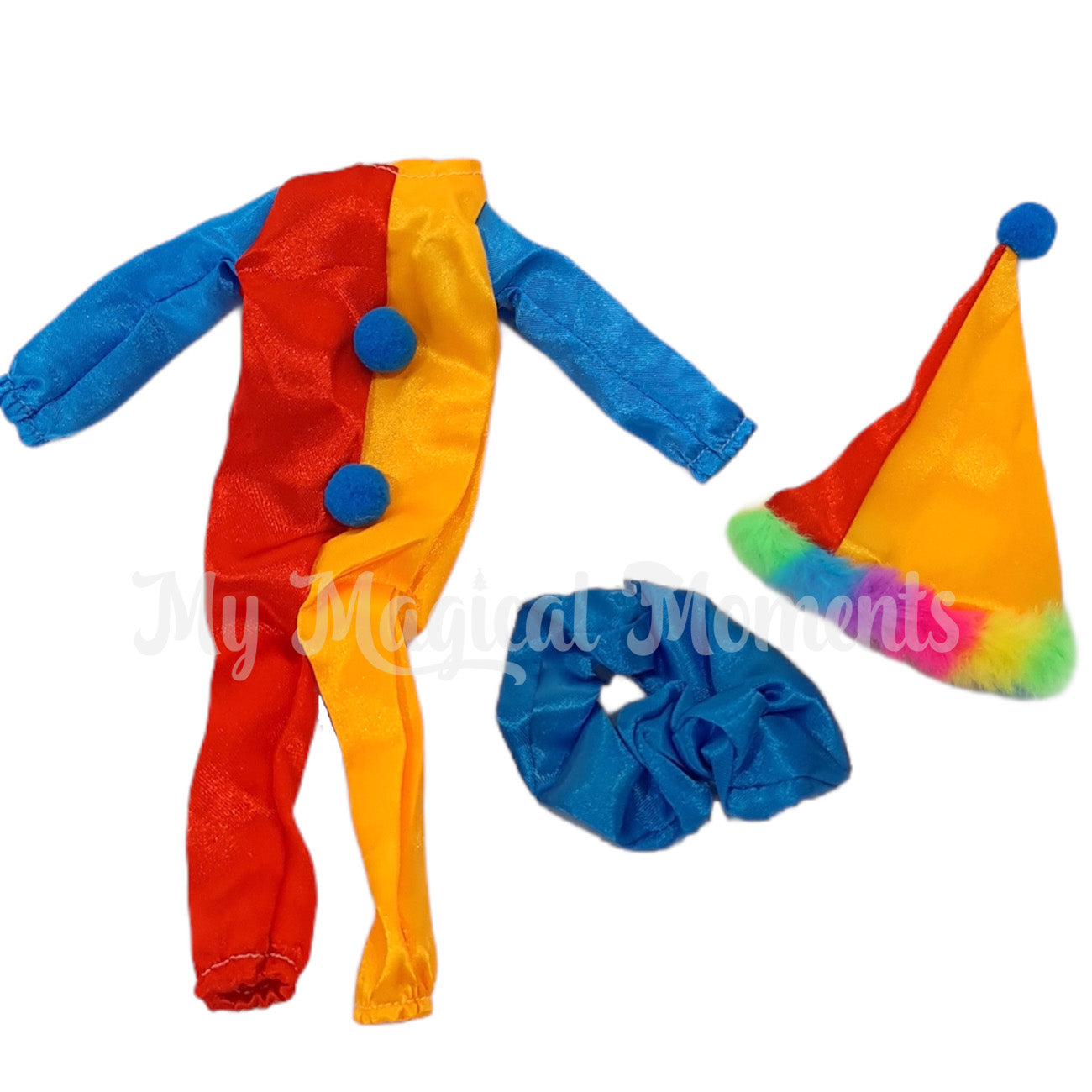 Red, yellow and blue clown costume for an elf with rainbow hair hat and neck frill.