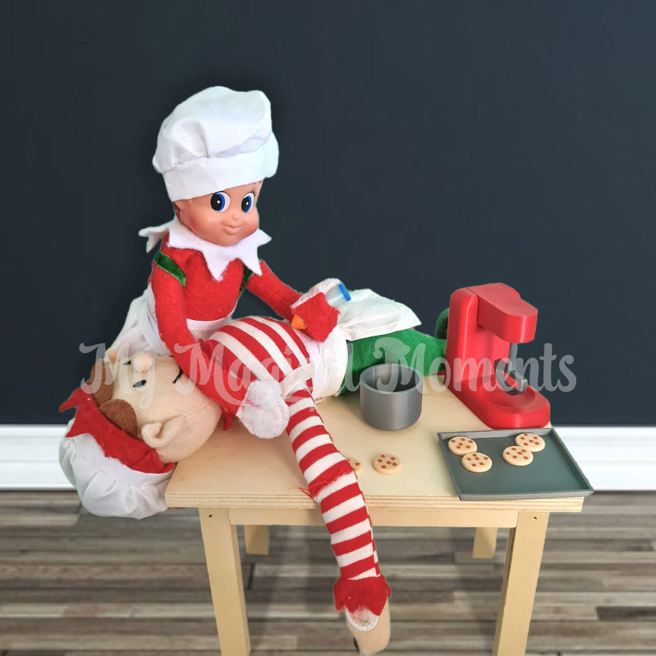 Elf for christmas having an anaphylactic episode from cooking. chef elf is administrating an epi pen