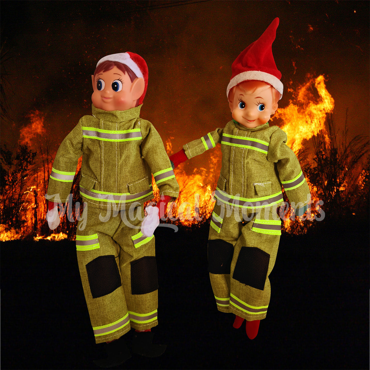 Fire dressed elves in front of a fire