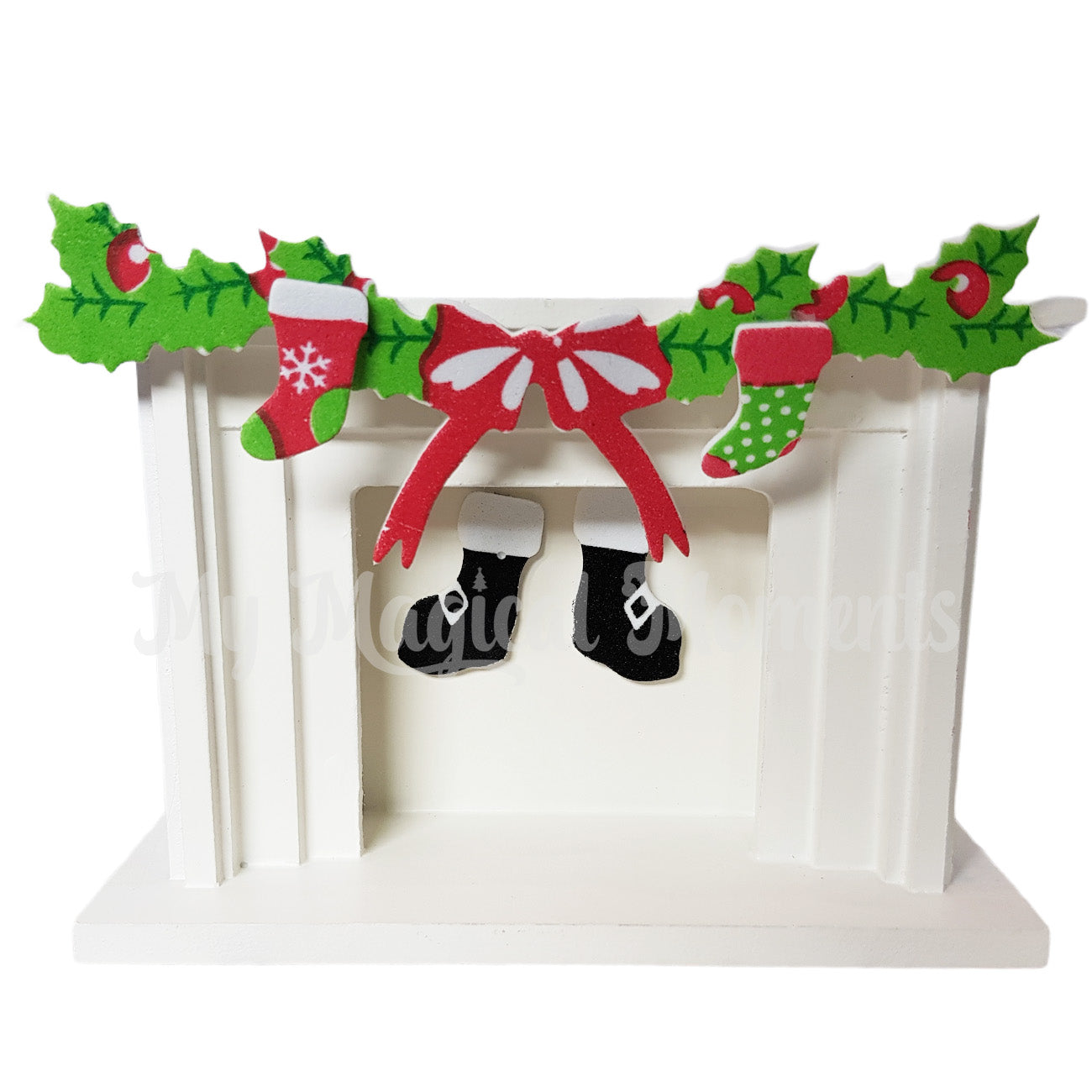 Fireplace decorating kit for elf house. Santa boots, garland and miniature stockings