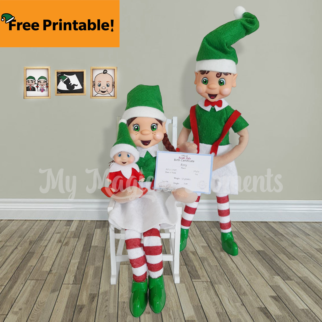 Elf Baby announcement. Family of elves holding a elf baby birth certificate
