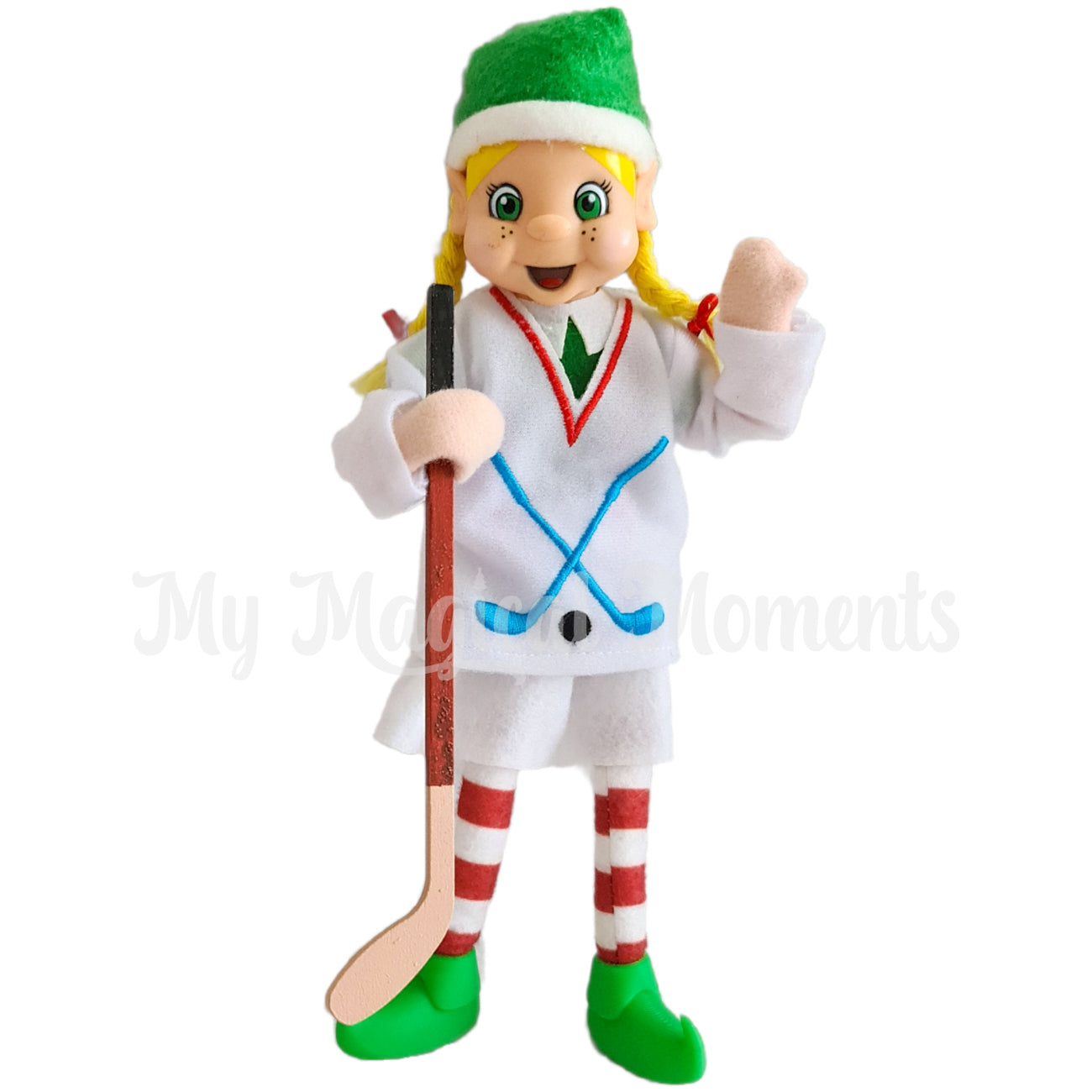 Elf wearing hockey outfit