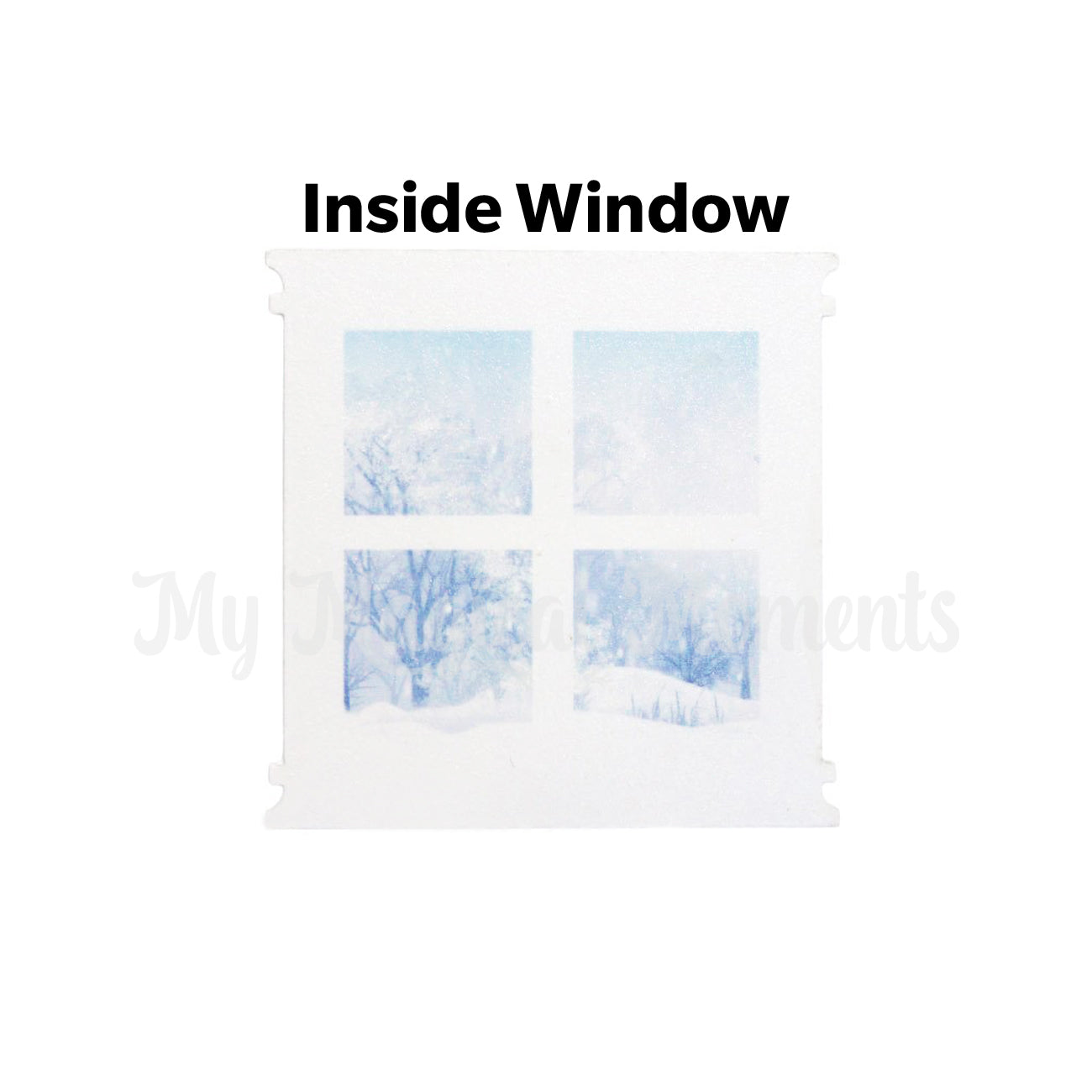 inside elf house window showing a snow scene outside