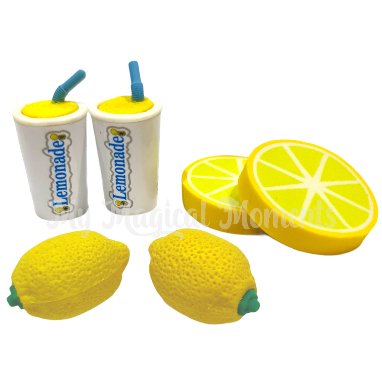 Miniature lemonade set, includes elf sized lemons, lemon slices and lemonade drinks