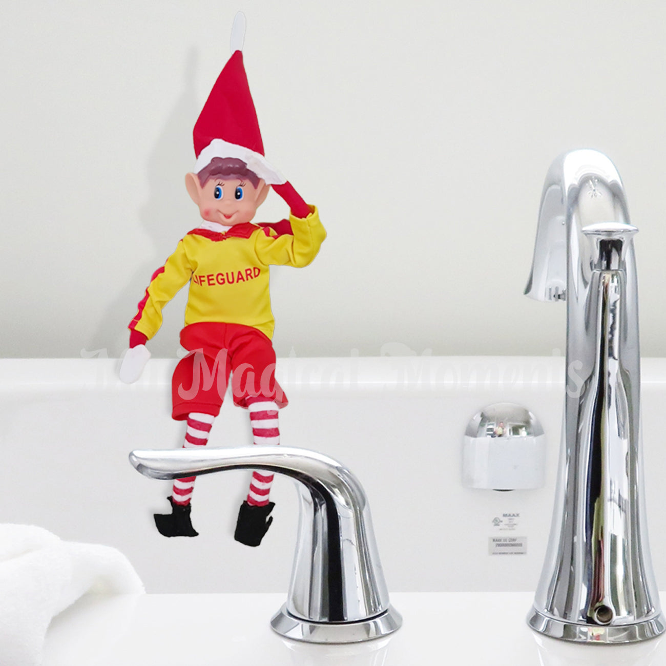 elves behavin badly wearing a lifesaver outfit watching in the bathtub