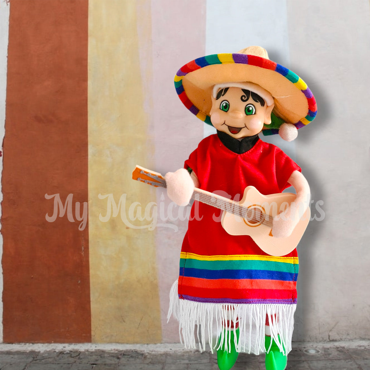 elf wearing a mexican outfit playing acoustic guitar