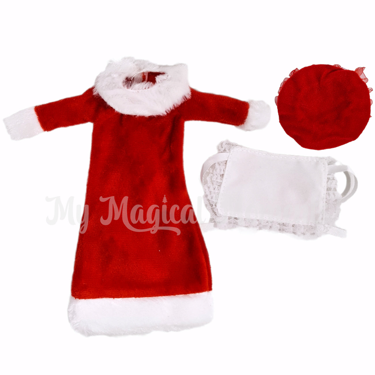 Mr claus elf costume. Red dress, white apron and hat