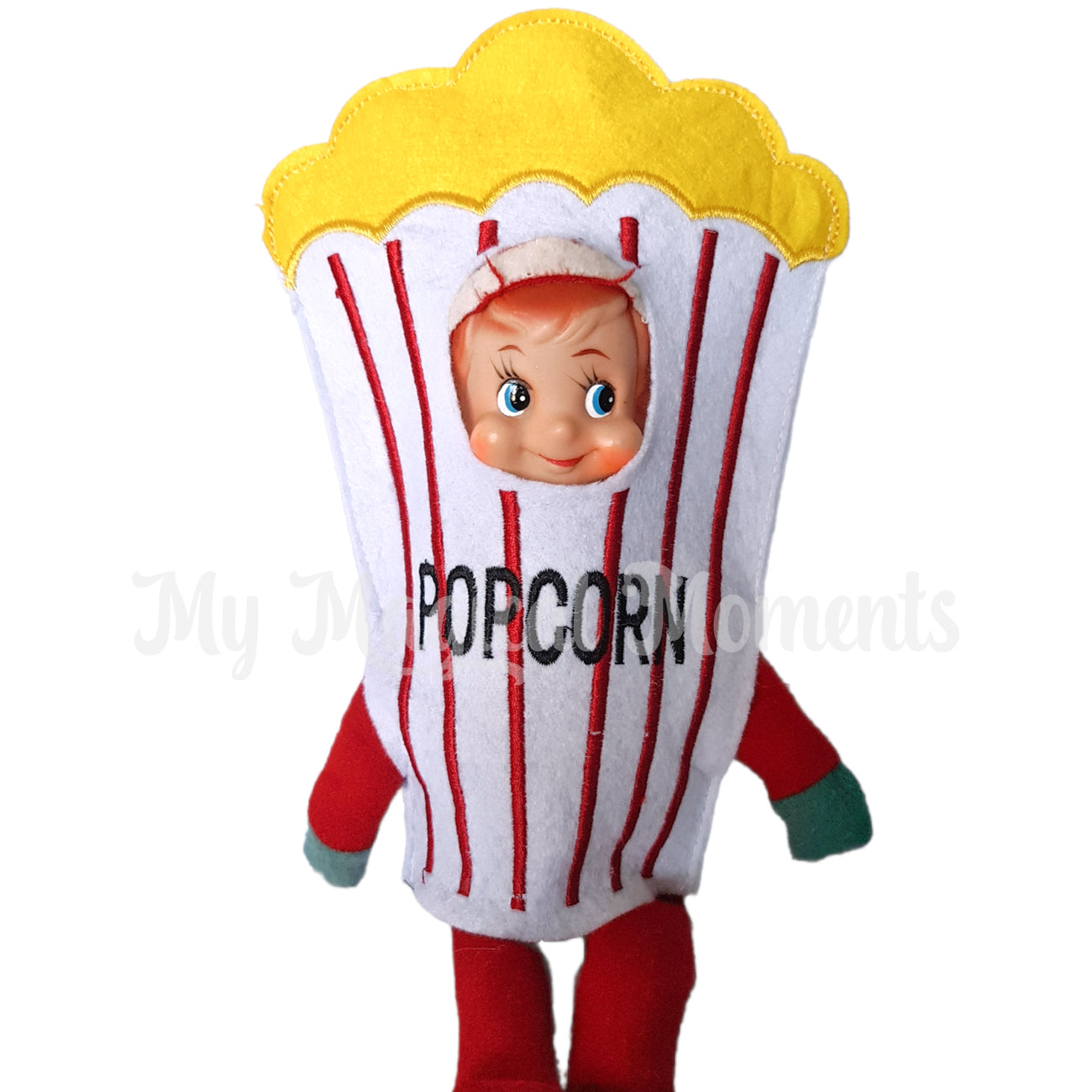 vintage elf wearing a popcorn costume
