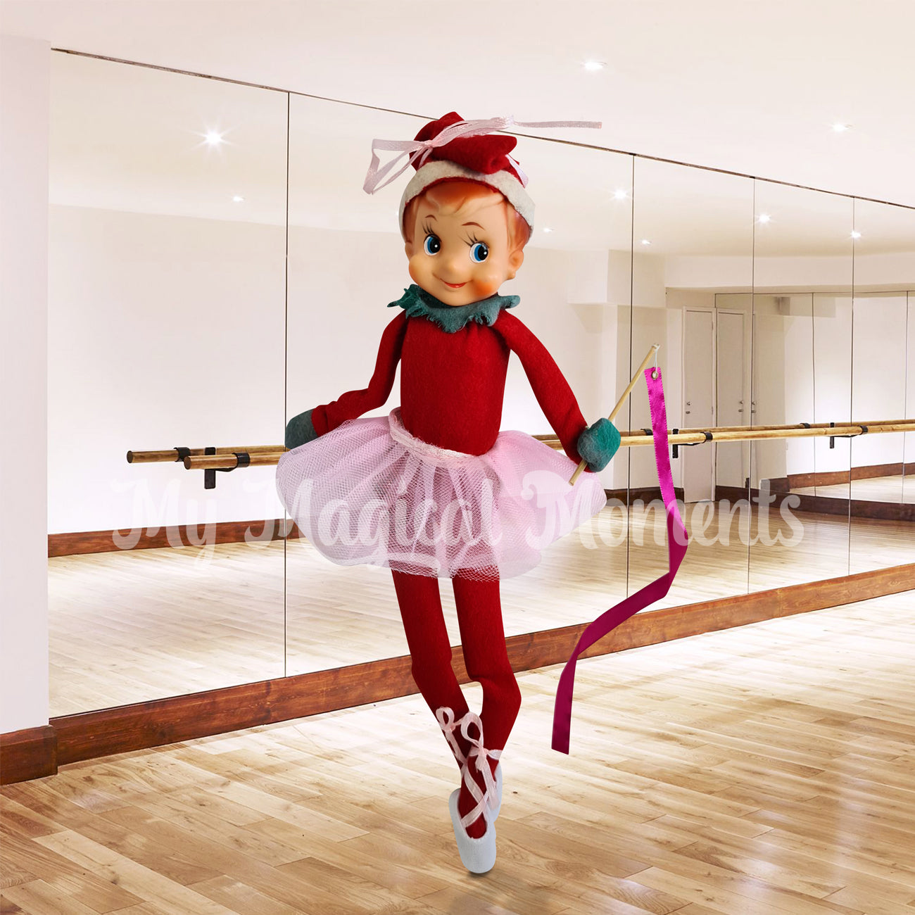Elf wearing a tutu doing ballet holding a ribbon