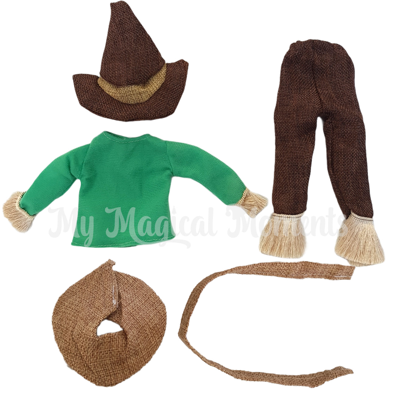 elf scarecrow outfit with straw hat, top, pants
