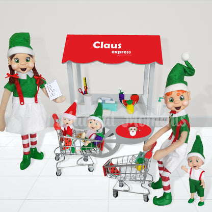 Elf Shopping at a mini mart, claus express. With miniature elf shopping props. She has a shopping list and elf toddler, Baby toddler in her shopping cart