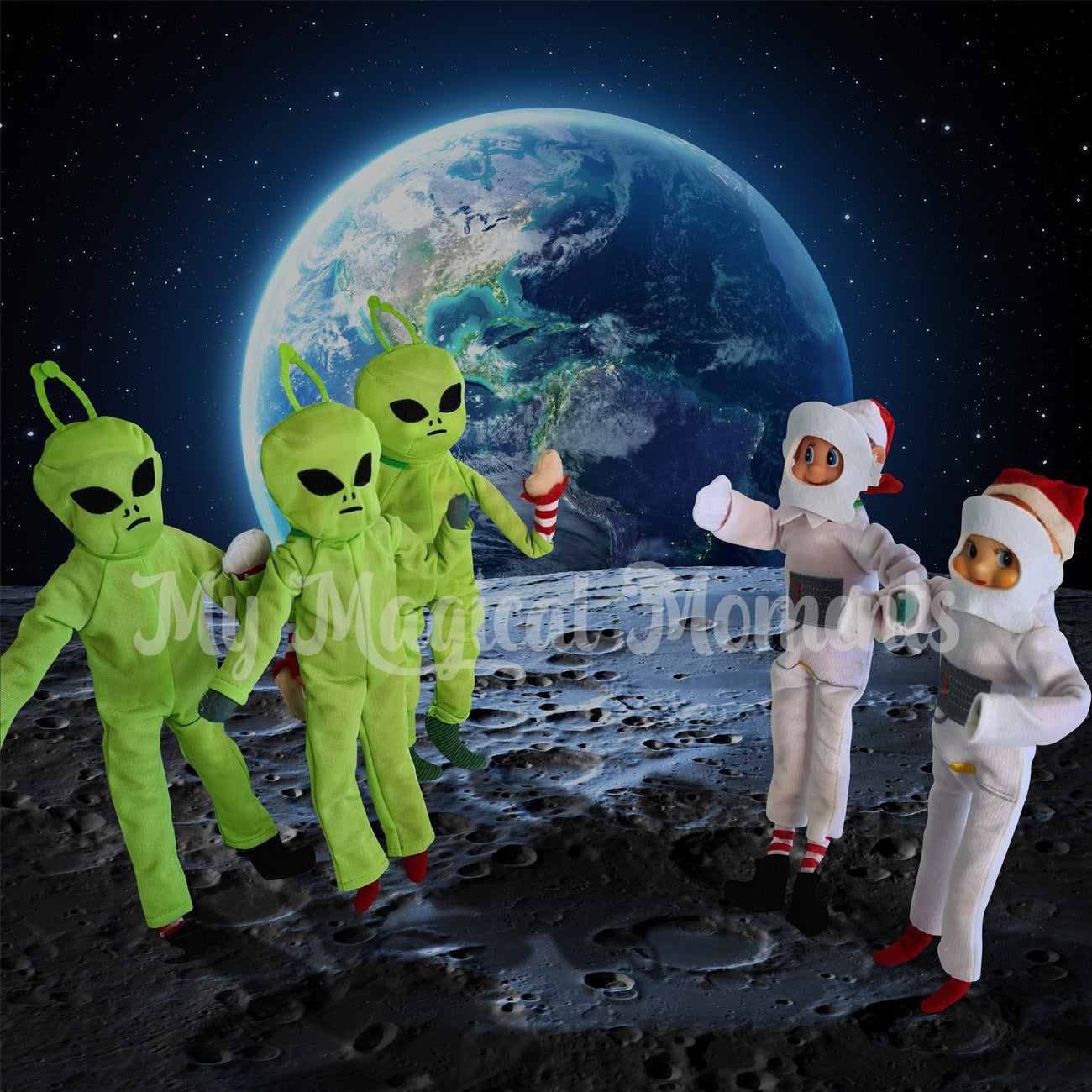 Elves dressed as aliens and astronauts coming in peace