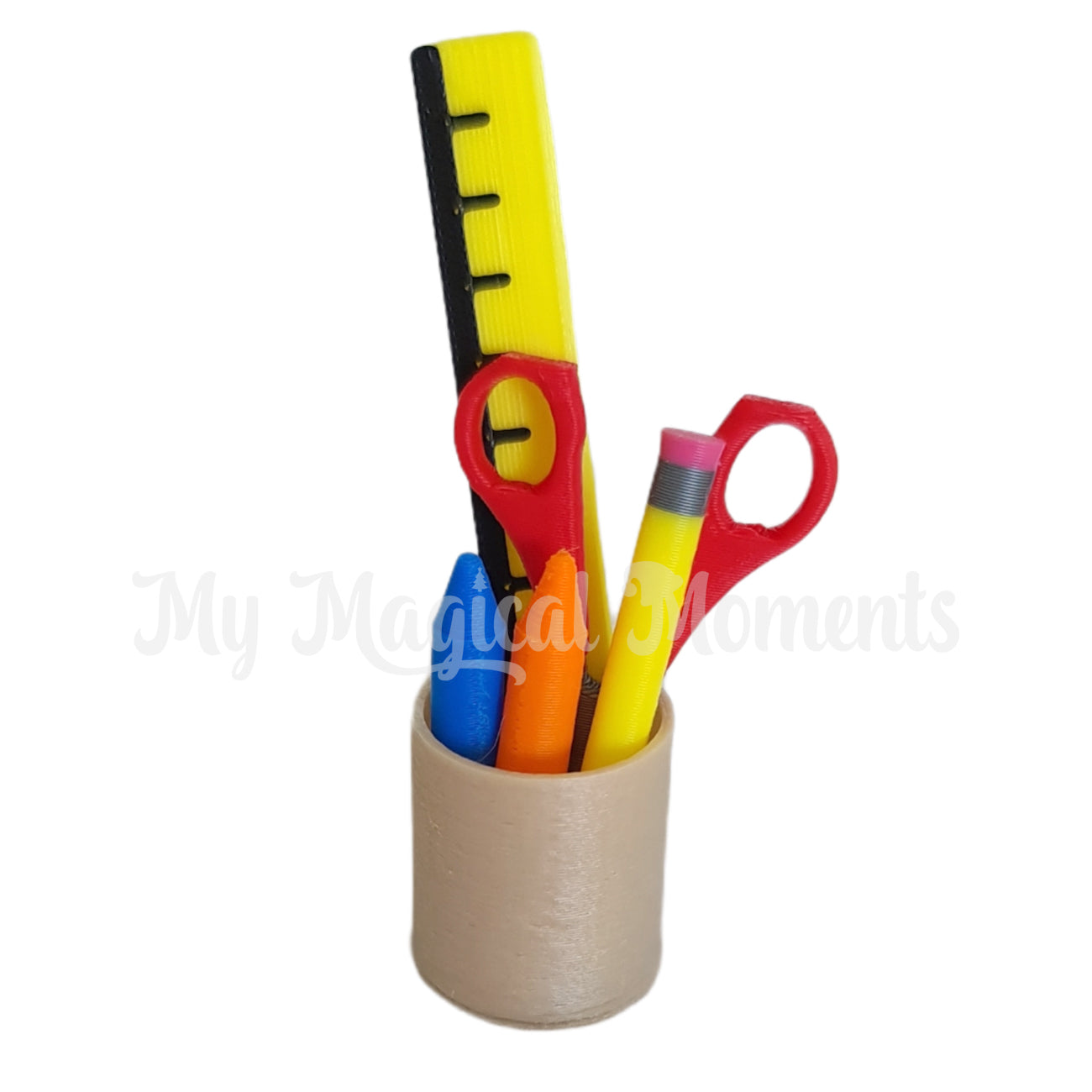 Miniature elf stationery set. Cup holder with a ruler, red handled scissors, pencil and crayons