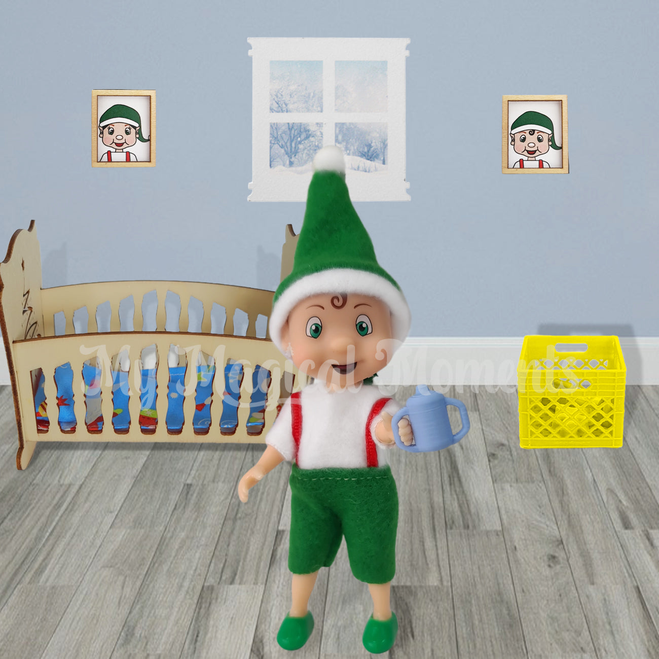 Toddler elf holding miniature sippy cup in nursery room with crib