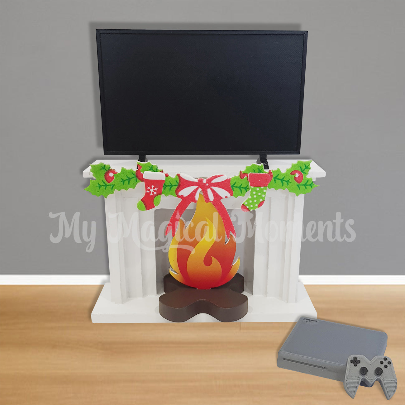 Tv Room scene, television sitting on a miniature fireplace, with a gaming console prop