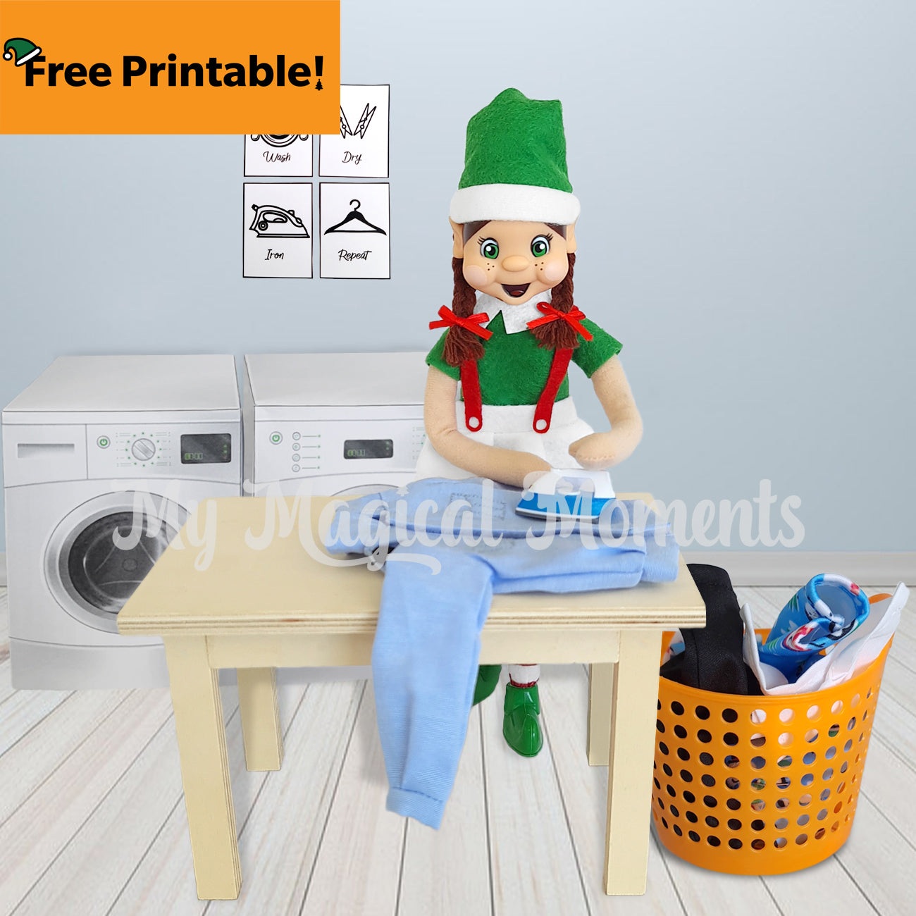 Free printable laundry elf scene. With miniature washing props such as an iron and clothing