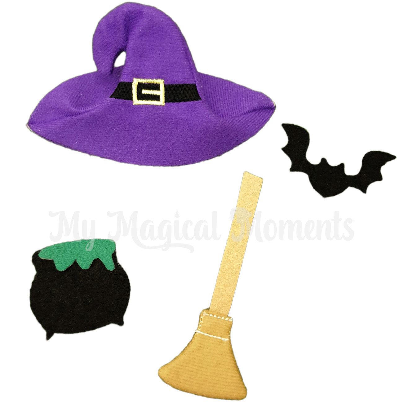 Witch elf outfit with purple hat, cauldron, broom and bat
